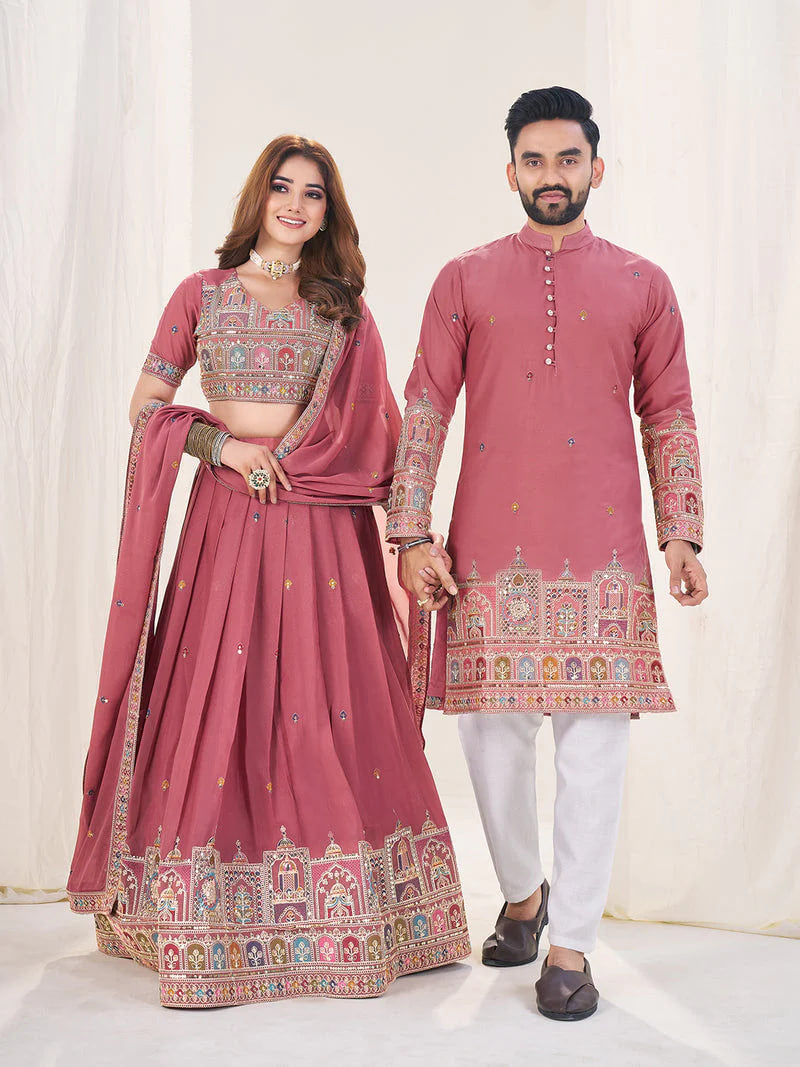 PINK EMBROIDERED LEHENGA CHOLI & MATCHING MEN'S KURTA SET COMBO