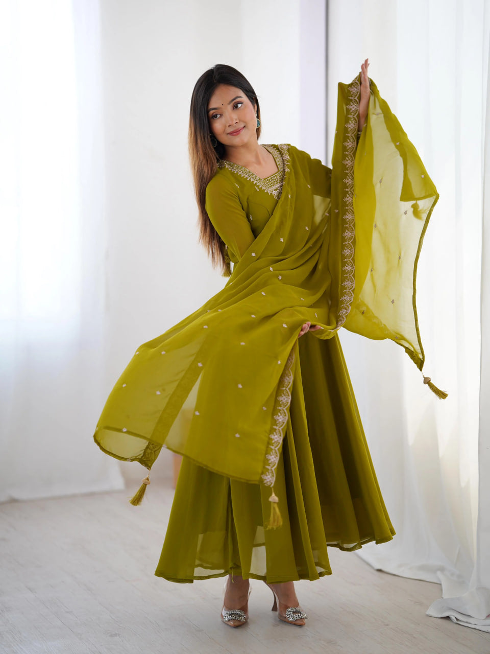 LUXURY MEHENDI GREEN FOX GEORGETTE ANARKALI SUIT WITH DUPATTA & PANT