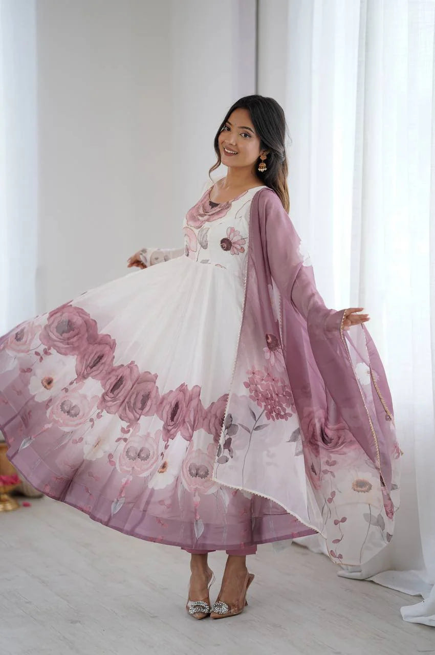 ONION COLOR ORGANZA SILK ANARKALI SUIT WITH DUPATTA
