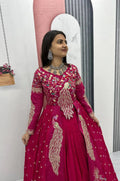 CRIMSON COLOR CROP TOP LEHENGA WITH EMBROIDERED SHRUG
