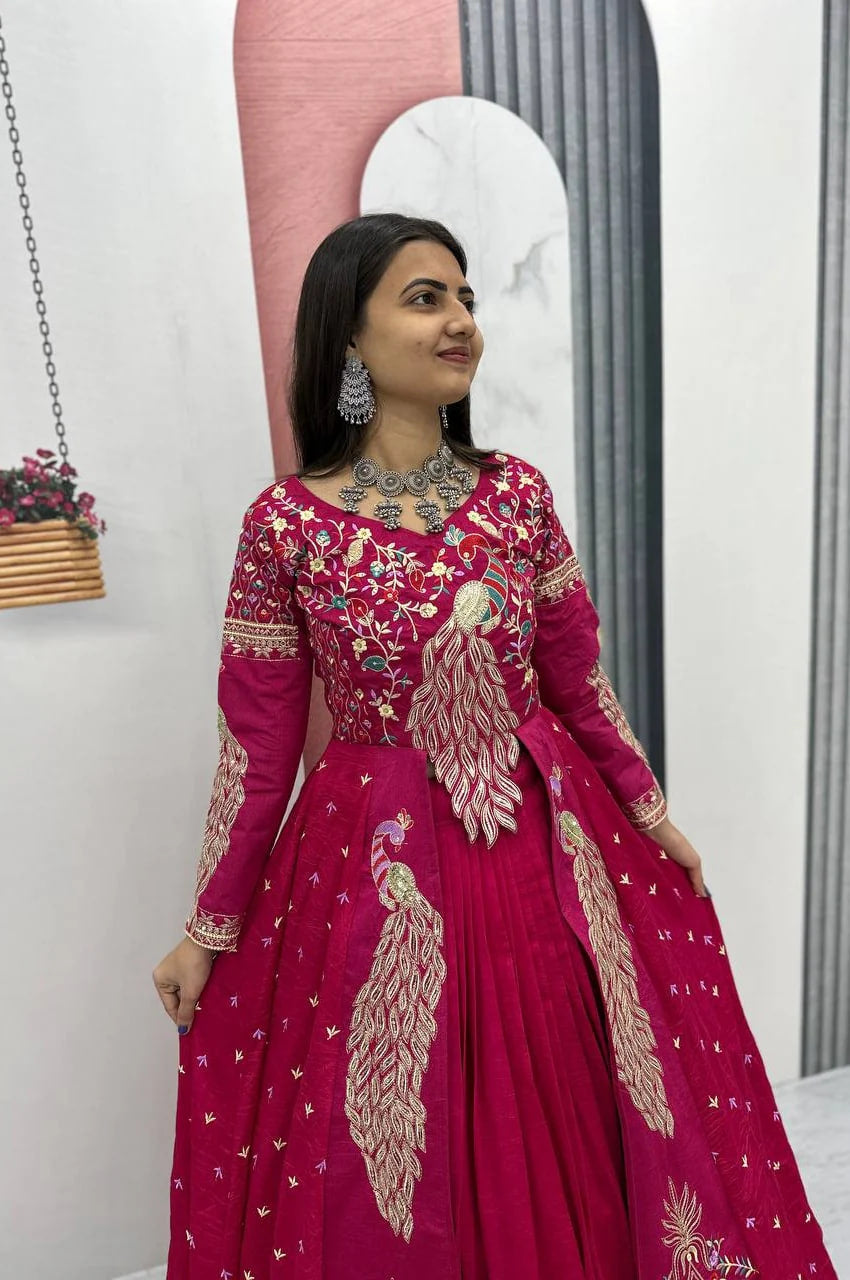 CRIMSON COLOR CROP TOP LEHENGA WITH EMBROIDERED SHRUG