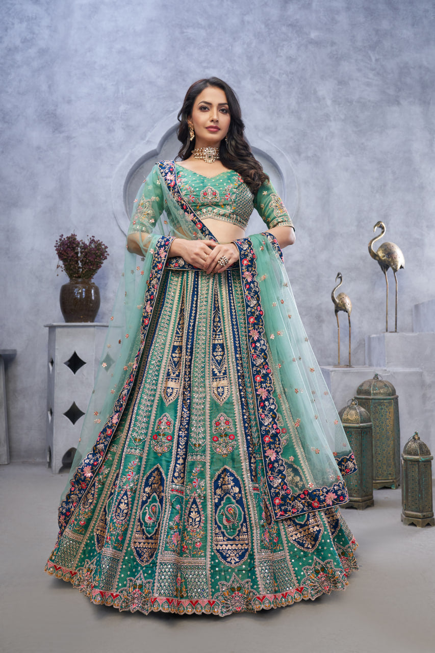 ELEGANT GREEN ORGANZA SILK LEHENGA CHOLI WITH TRADITIONAL PAISLEY MOTIFS & SOFT NET DUPATTA