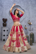 REGAL ELEGANCE – RED & WHITE RAW SILK LEHENGA WITH PAISLEY MOTIFS & SHEER PINK DUPATTA