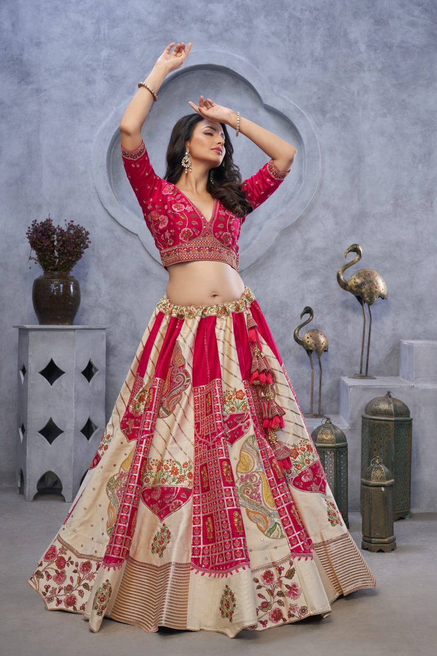 REGAL ELEGANCE – RED & WHITE RAW SILK LEHENGA WITH PAISLEY MOTIFS & SHEER PINK DUPATTA