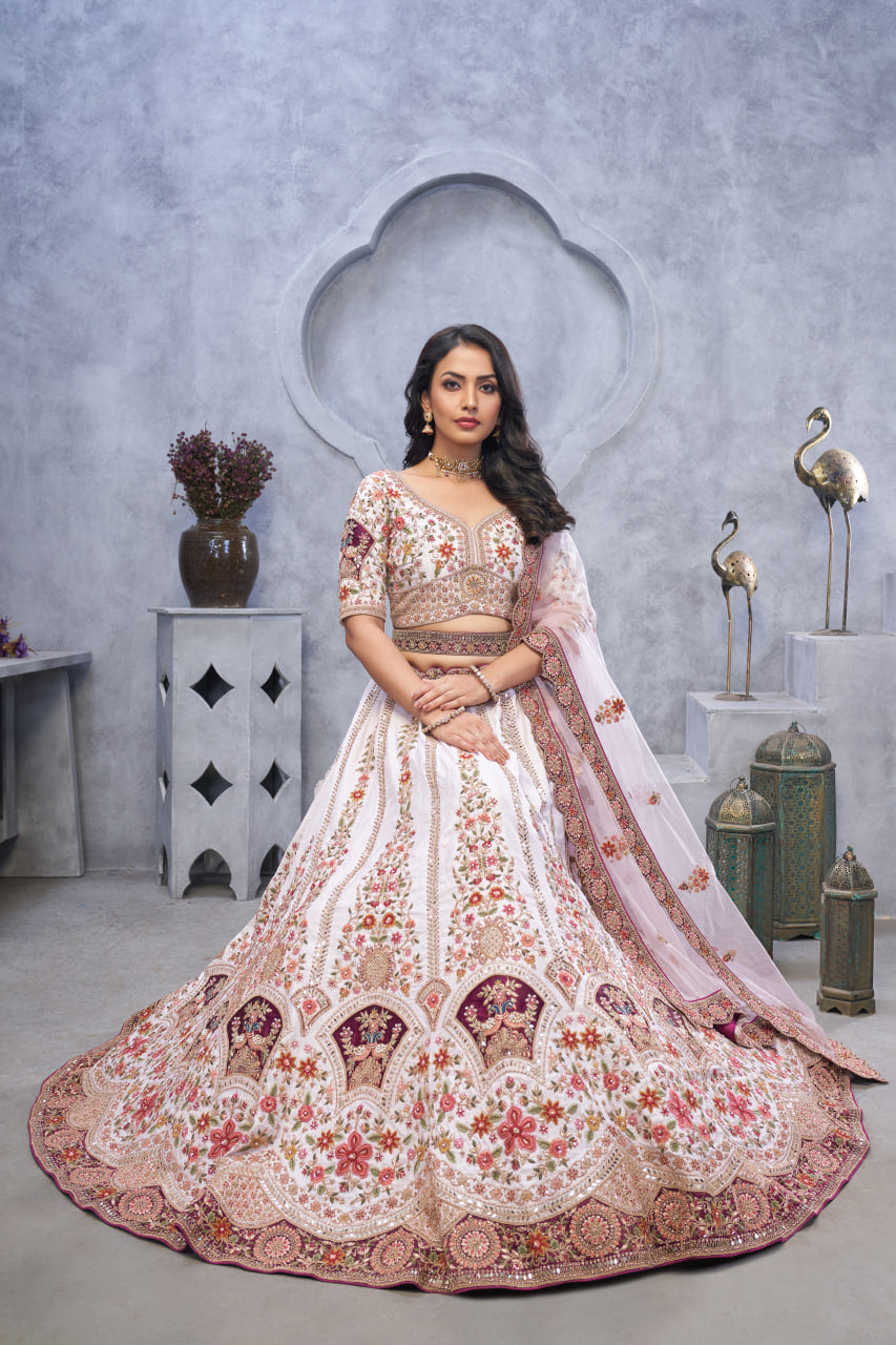 BRIDAL LIGHT PURPLE LEHENGA WITH ZARI PAISLEY EMBROIDERY, SILK PATCHES & REGAL PEACOCK MOTIFS