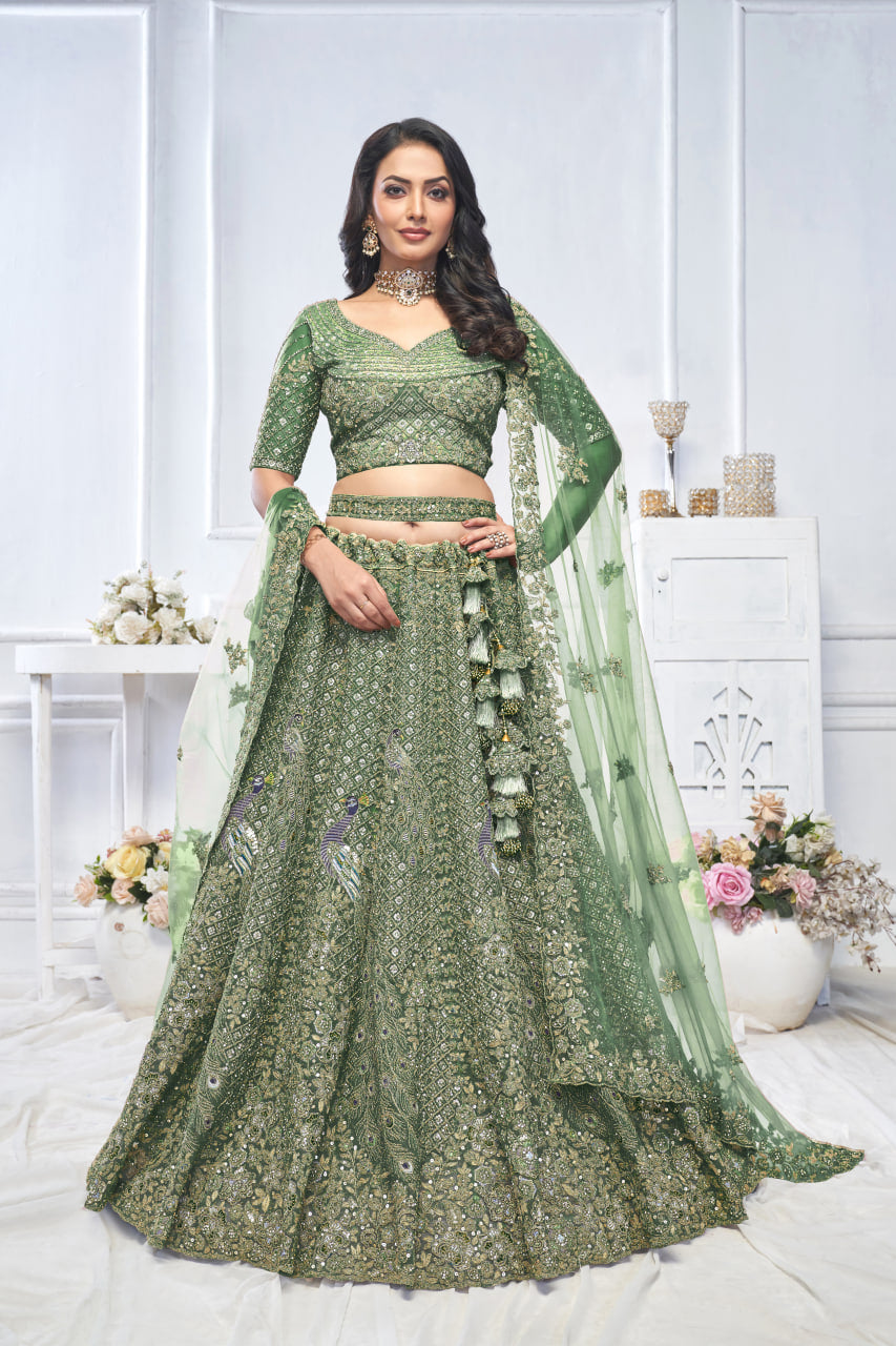 GRACEFUL GREEN BRIDAL LEHENGA WITH AARI EMBROIDERY, FLORAL & PEACOCK MOTIFS