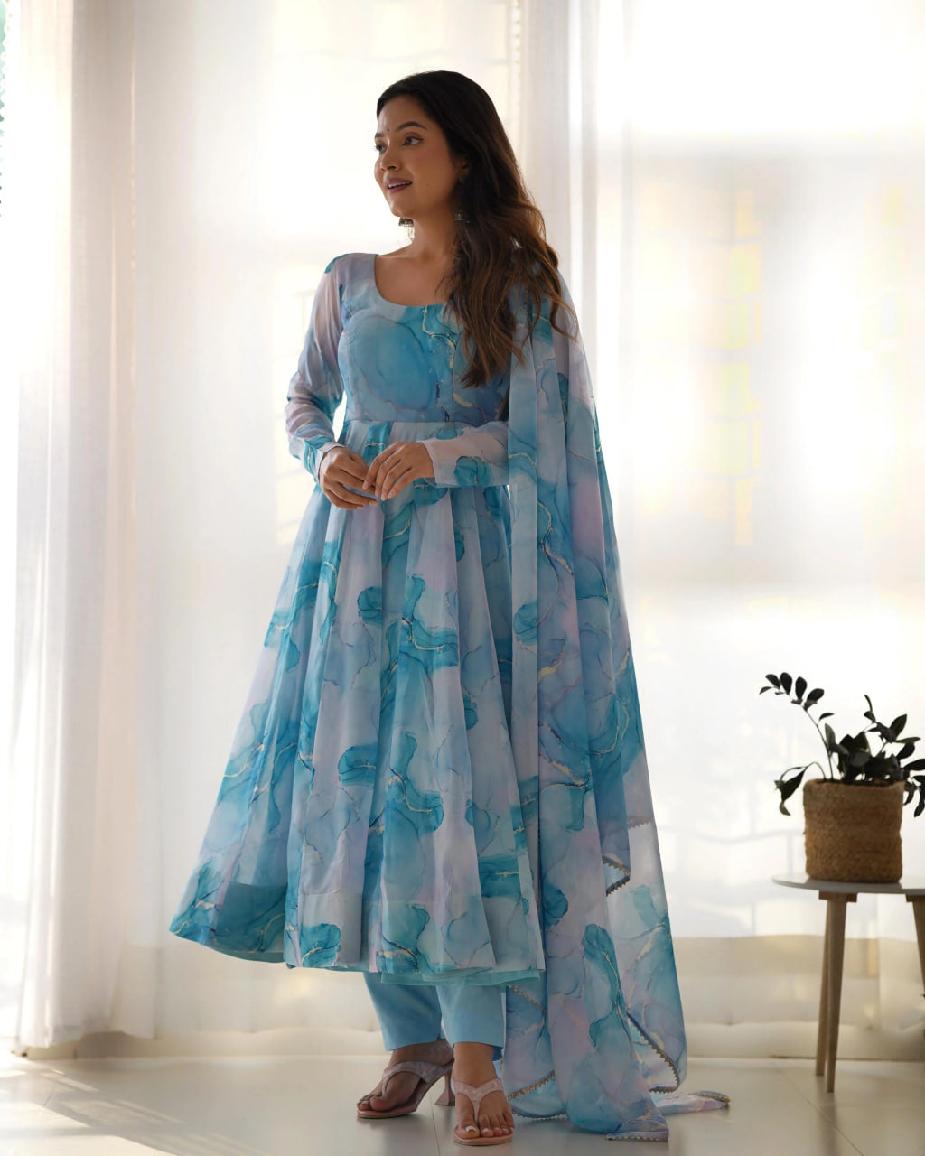SKY PURE SOFT ORGANZA ANARKALI SUIT SET WITH HUGE FLAIR, DUPATTA & PANT