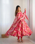 PINK PURE SOFT ORGANZA ANARKALI SUIT SET WITH HUGE FLAIR, DUPATTA & PANT