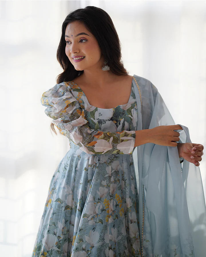 GREEN COLOR PURE SOFT ORGANZA THREE PIECE ANARKALI SUIT