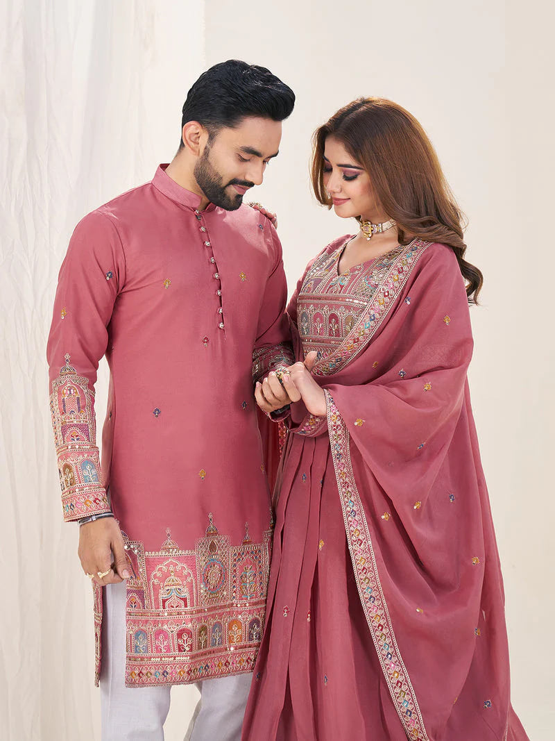 PINK EMBROIDERED LEHENGA CHOLI & MATCHING MEN'S KURTA SET COMBO
