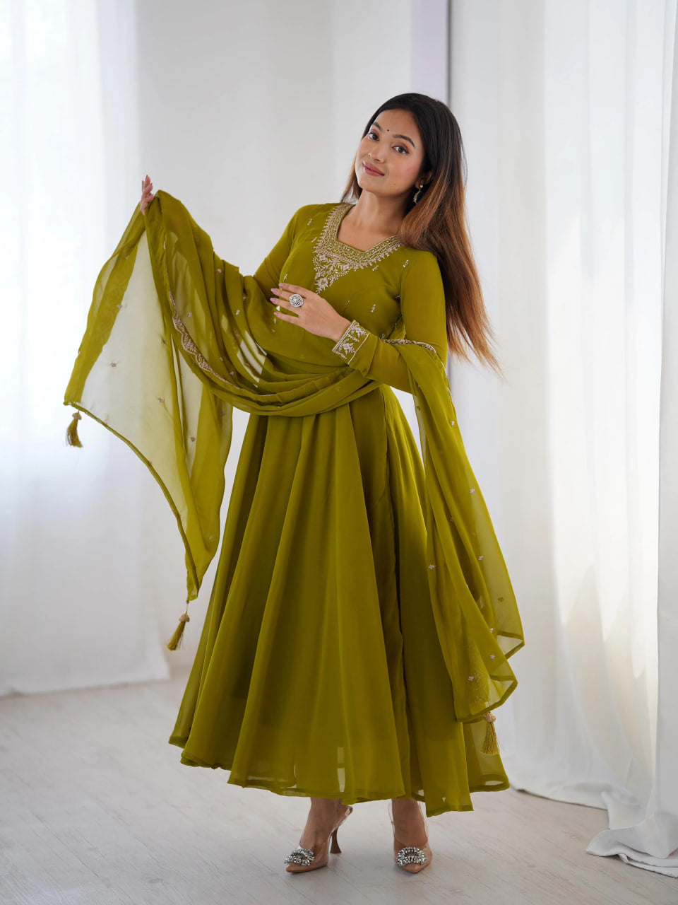 LUXURY MEHENDI GREEN FOX GEORGETTE ANARKALI SUIT WITH DUPATTA & PANT