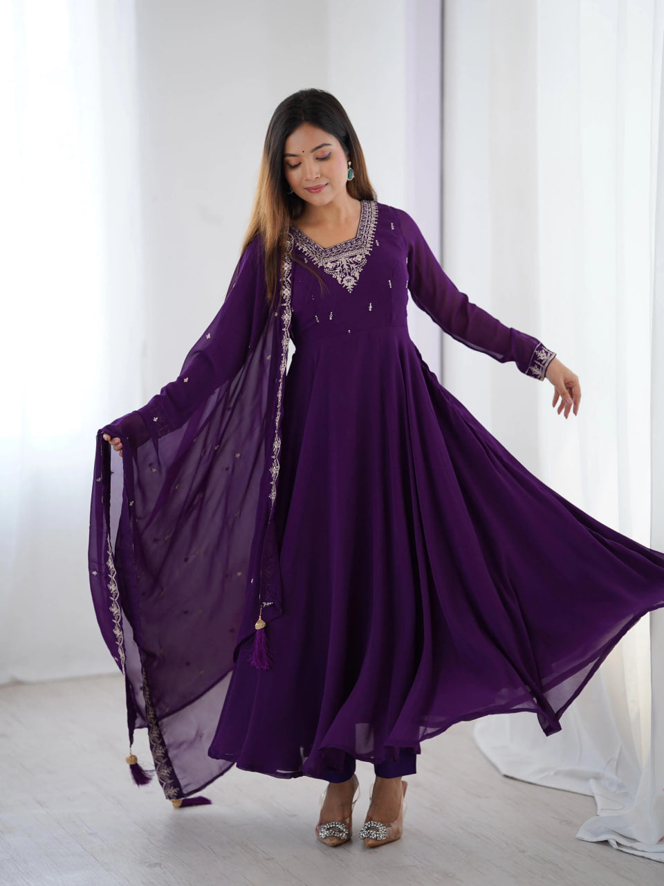 LUXURY PURPLE FOX GEORGETTE ANARKALI SUIT WITH DUPATTA & PANT
