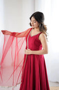 MAROON ROMAN SILK ANARKALI SUIT SET