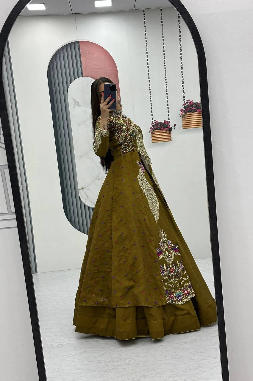 MUSTARD GREEN CROP TOP LEHENGA WITH EMBROIDERED SHRUG