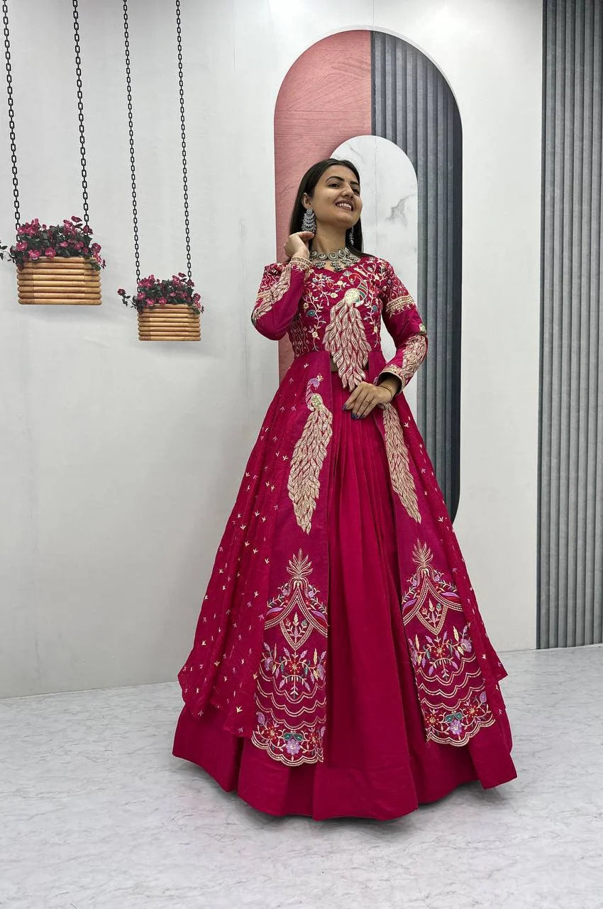 CRIMSON COLOR CROP TOP LEHENGA WITH EMBROIDERED SHRUG