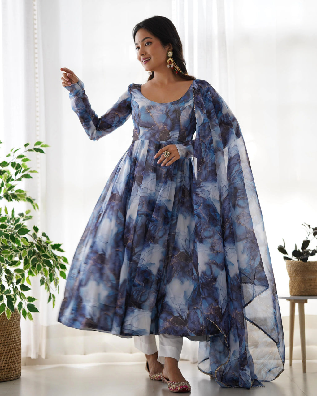NAVY BLUE PURE SOFT ORGANZA ANARKALI SUIT SET WITH HUGE FLAIR, DUPATTA & PANT
