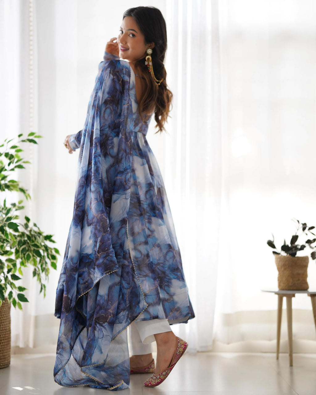 NAVY BLUE PURE SOFT ORGANZA ANARKALI SUIT SET WITH HUGE FLAIR, DUPATTA & PANT