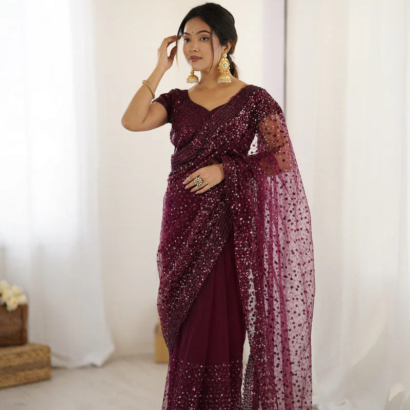 MAROON SOFT NET BEAUTIFUL DESIGNER SAREE