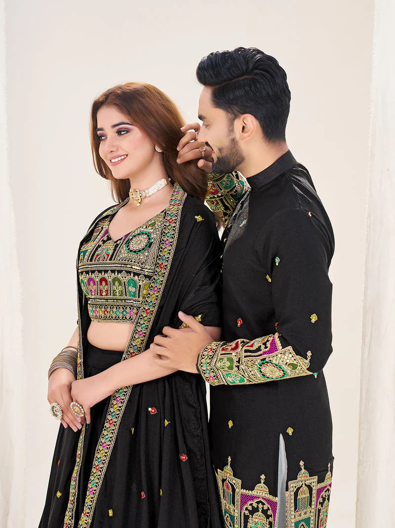 BLACK EMBROIDERED LEHENGA CHOLI WITH MATCHING MEN'S KURTA COMBO SET