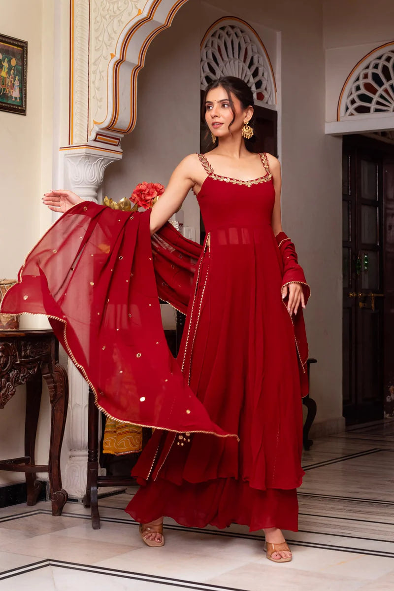 REDDISH MAROON COLOR HAND WORK NECK ANARKALI SUIT SET OF 3