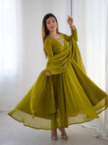 LUXURY MEHENDI GREEN FOX GEORGETTE ANARKALI SUIT WITH DUPATTA & PANT