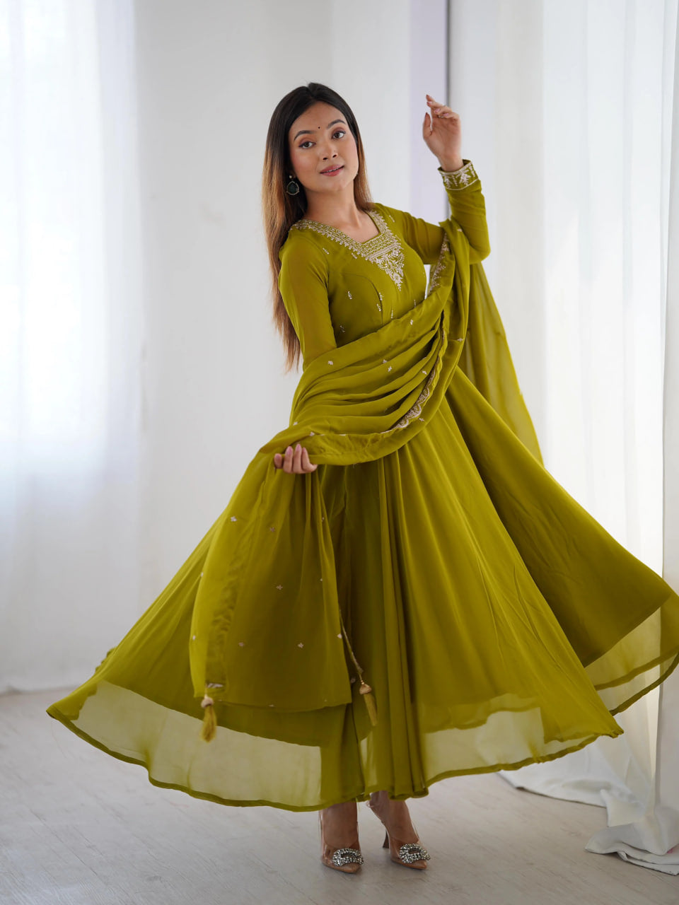 LUXURY MEHENDI GREEN FOX GEORGETTE ANARKALI SUIT WITH DUPATTA & PANT