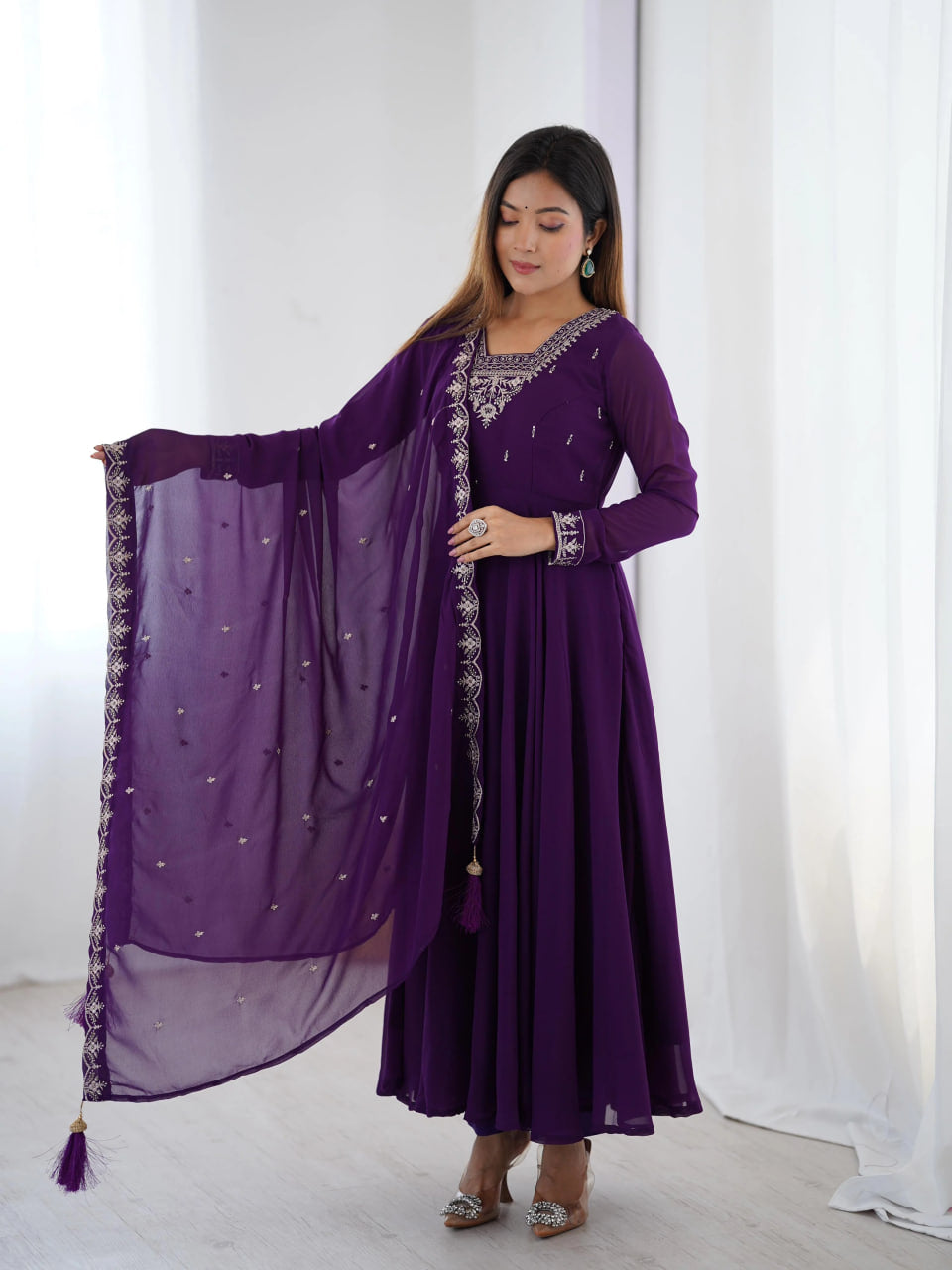 LUXURY PURPLE FOX GEORGETTE ANARKALI SUIT WITH DUPATTA & PANT