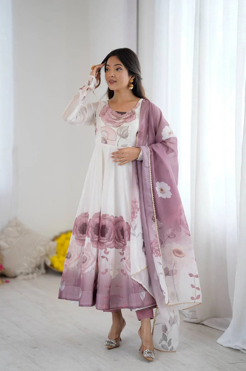 ONION COLOR ORGANZA SILK ANARKALI SUIT WITH DUPATTA