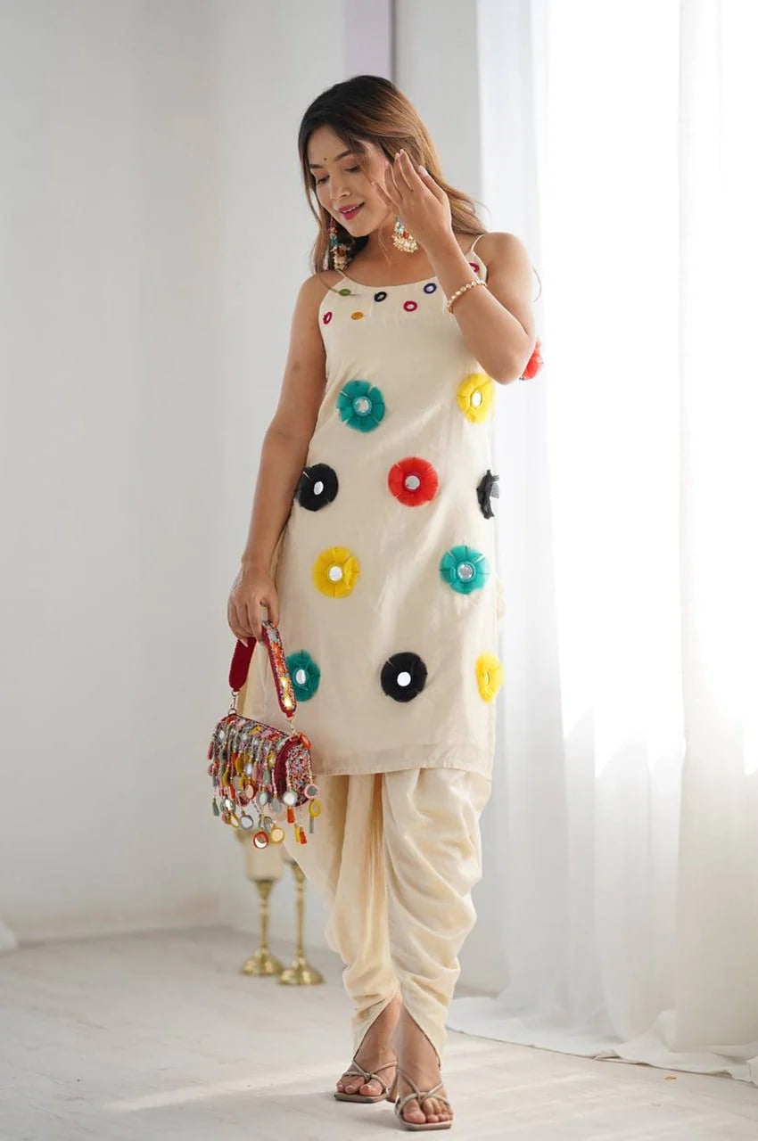 KHADI COTTON BASE DHOTI KURTA SET WITH MIRROR KHATLI WORK