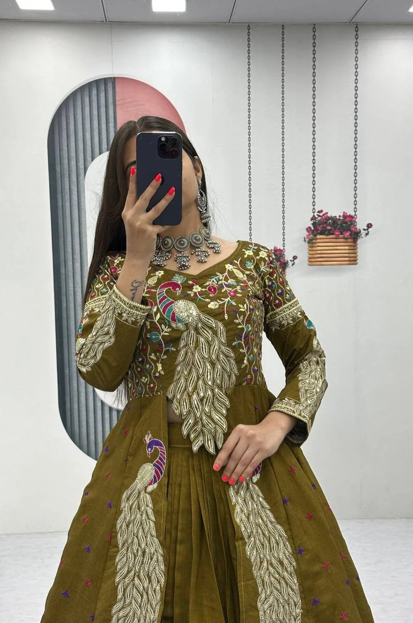 MUSTARD GREEN CROP TOP LEHENGA WITH EMBROIDERED SHRUG