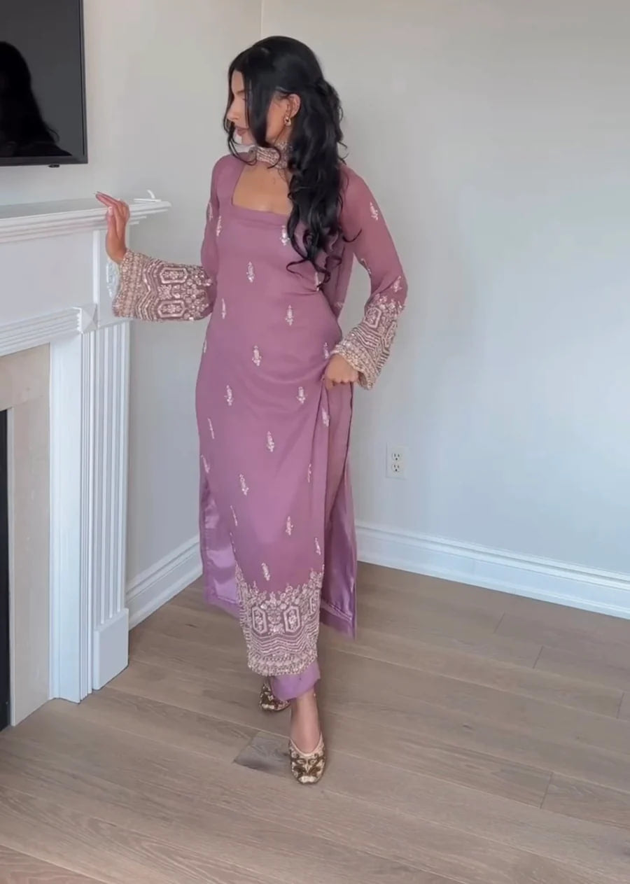 ADA FAUX GEORGETTE SUIT SET WITH BEAUTIFUL BEADS WORK