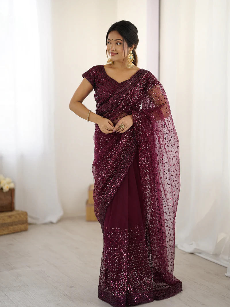 MAROON SOFT NET BEAUTIFUL DESIGNER SAREE