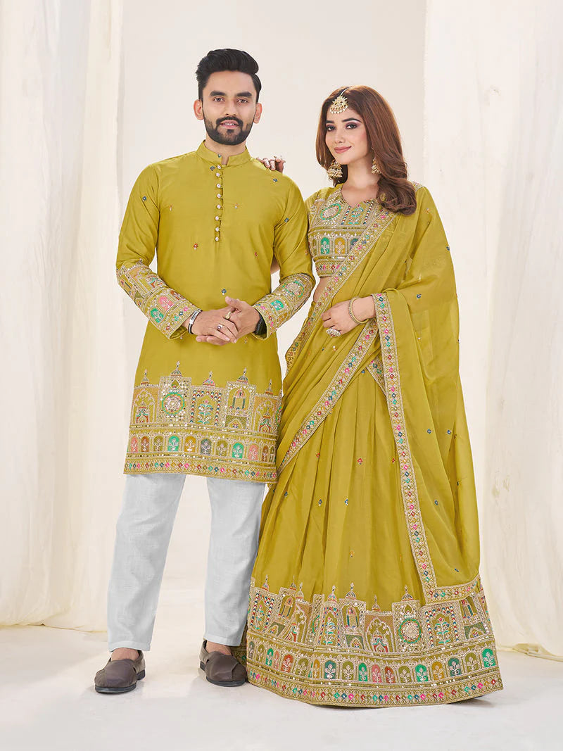 LIME GREEN EMBROIDERED LEHENGA CHOLI & MATCHING MEN'S KURTA SET COMBO