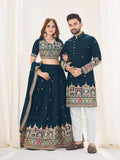 NAVY BLUE EMBROIDERED LEHENGA CHOLI & MATCHING MEN'S KURTA SET COMBO