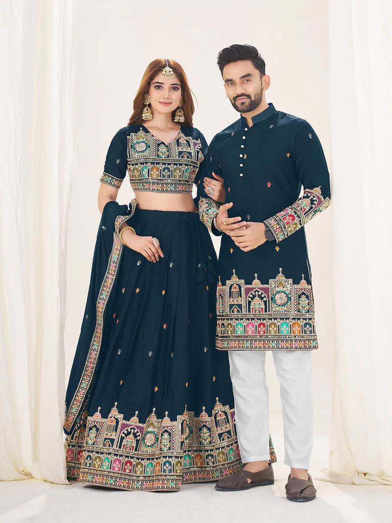 NAVY BLUE EMBROIDERED LEHENGA CHOLI & MATCHING MEN'S KURTA SET COMBO