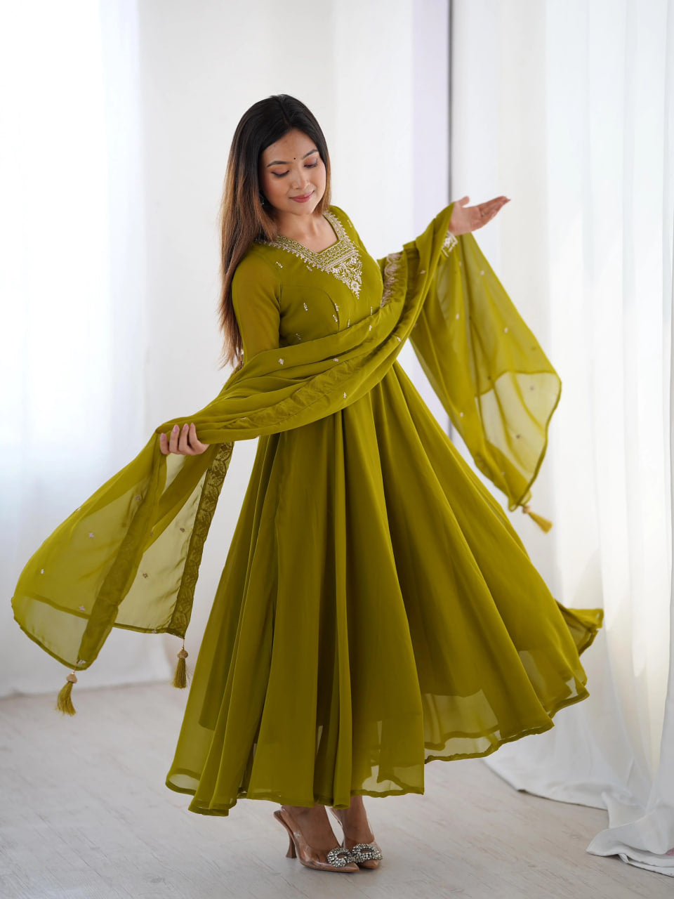 LUXURY MEHENDI GREEN FOX GEORGETTE ANARKALI SUIT WITH DUPATTA & PANT