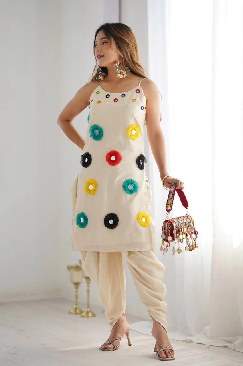 KHADI COTTON BASE DHOTI KURTA SET WITH MIRROR KHATLI WORK