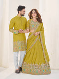 LIME GREEN EMBROIDERED LEHENGA CHOLI & MATCHING MEN'S KURTA SET COMBO