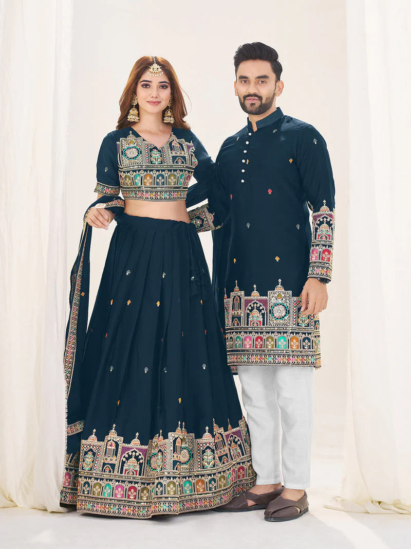 NAVY BLUE EMBROIDERED LEHENGA CHOLI & MATCHING MEN'S KURTA SET COMBO