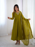 LUXURY MEHENDI GREEN FOX GEORGETTE ANARKALI SUIT WITH DUPATTA & PANT