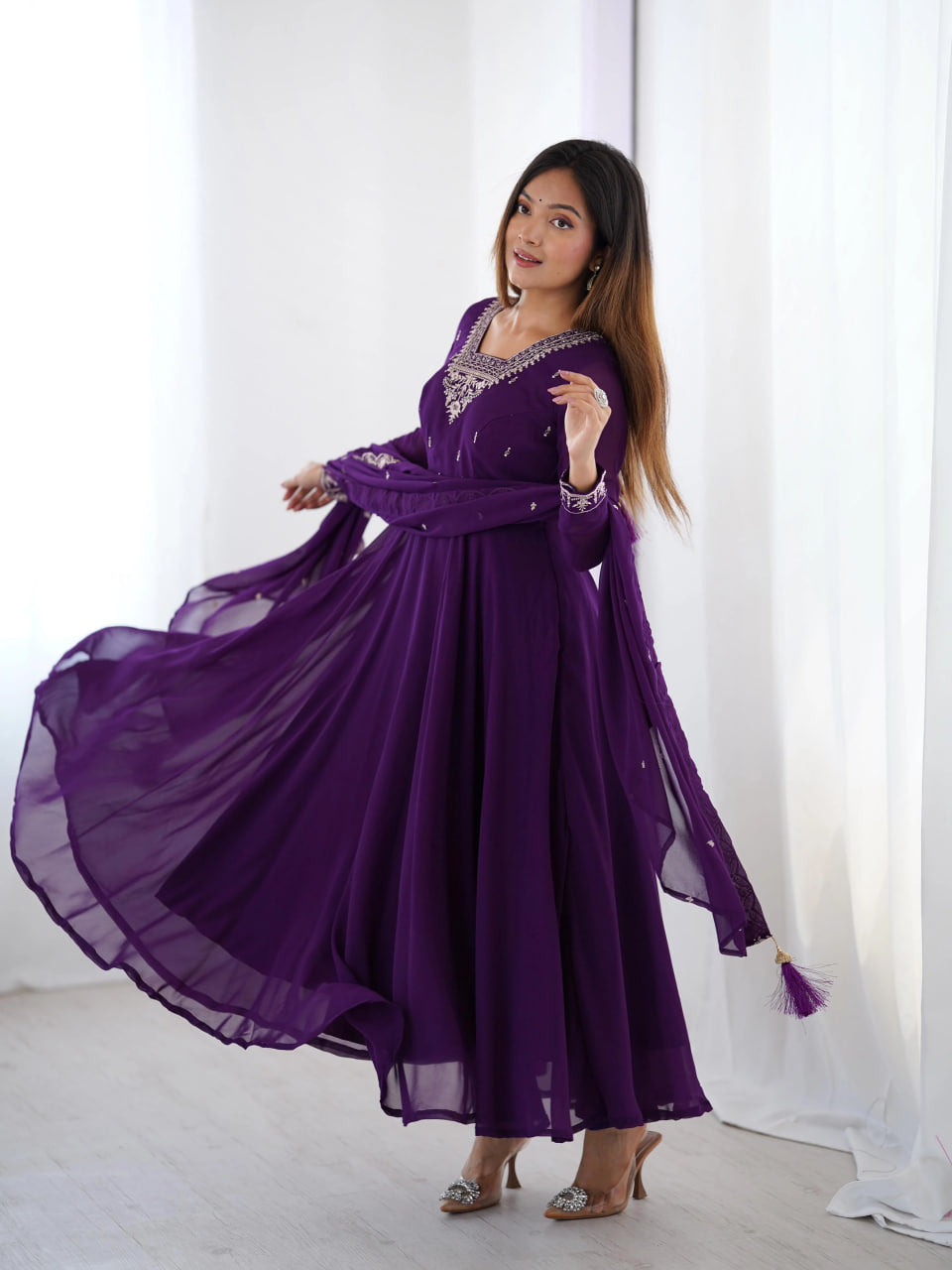 LUXURY PURPLE FOX GEORGETTE ANARKALI SUIT WITH DUPATTA & PANT