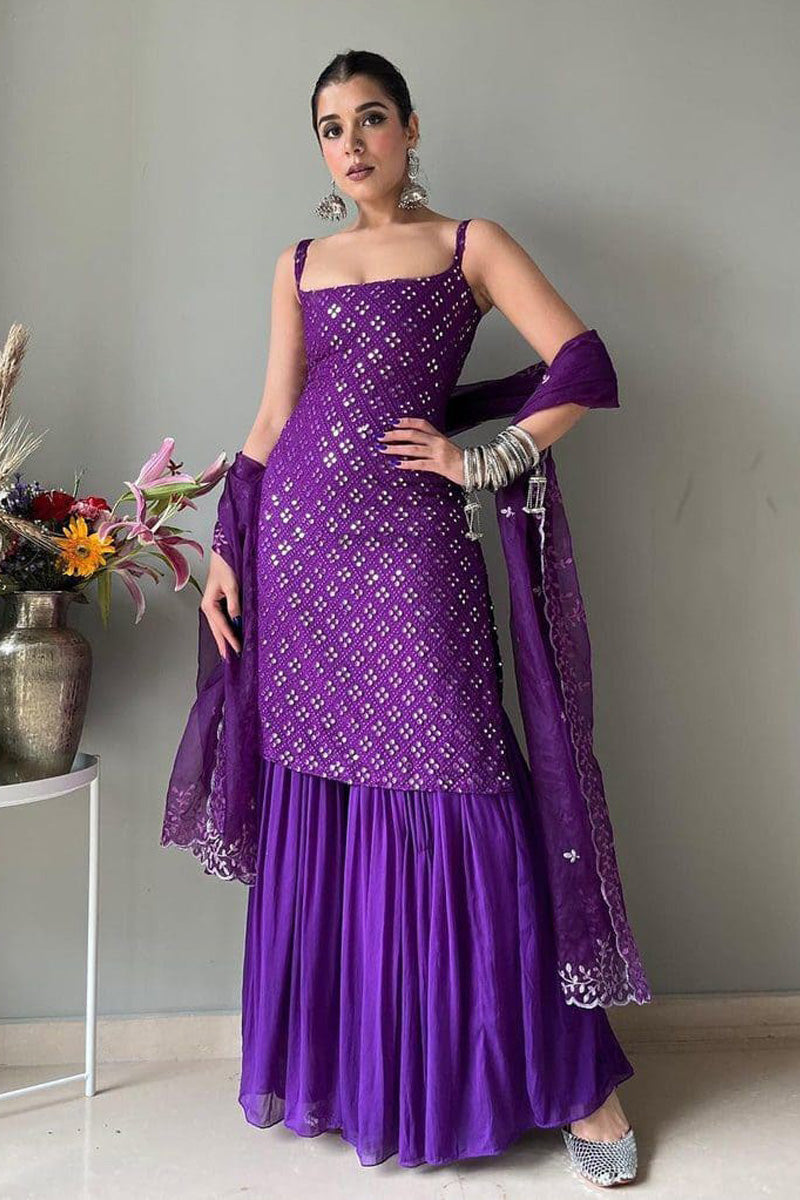 PURPLE SEQUENCE WORK THREE PIECE SHARARA SUIT