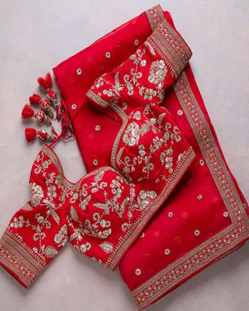 WEDDINGWEAR STYLISH RED COLORED ORGANZA BASE SAREE