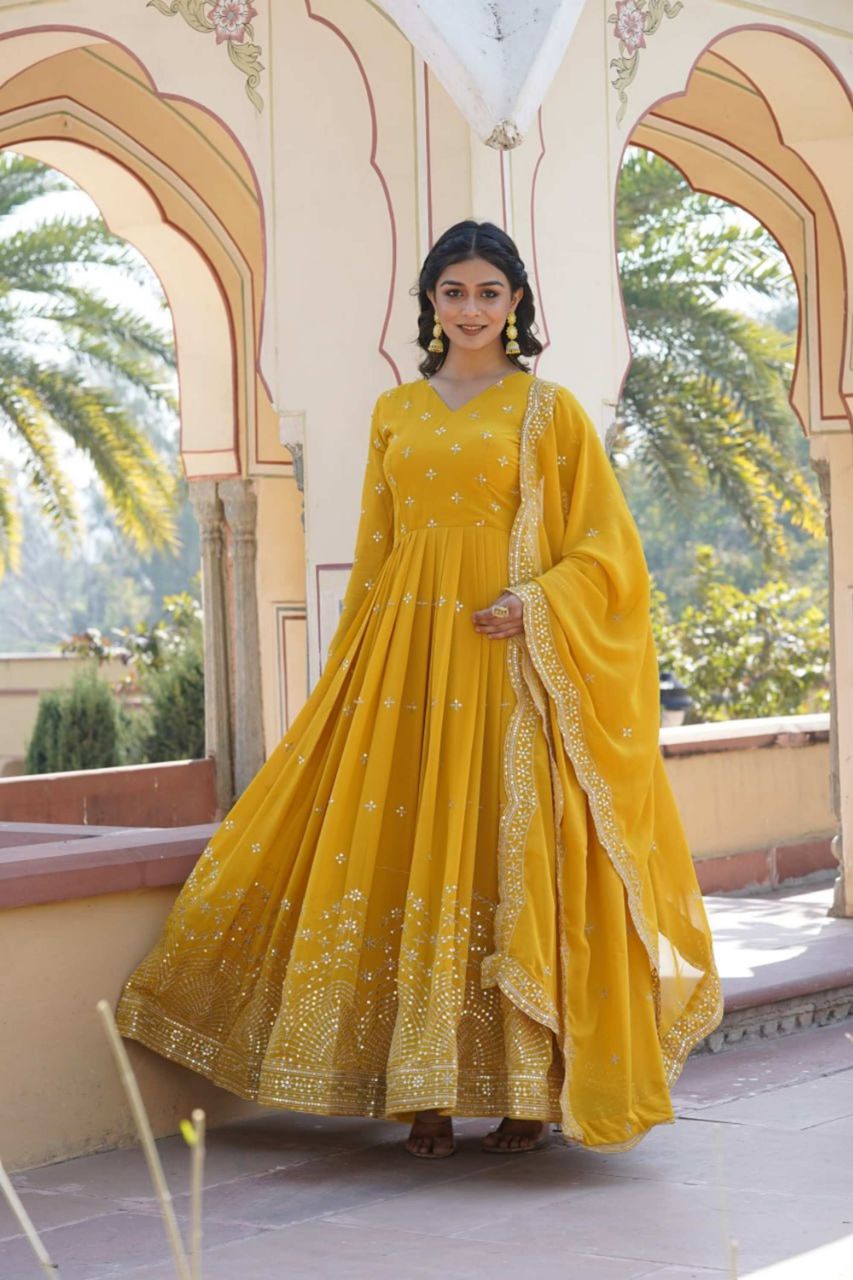 YELLOW WEDDING WEAR HEAVY   SEQUENCE WORK GOWN WITH DUPATTA