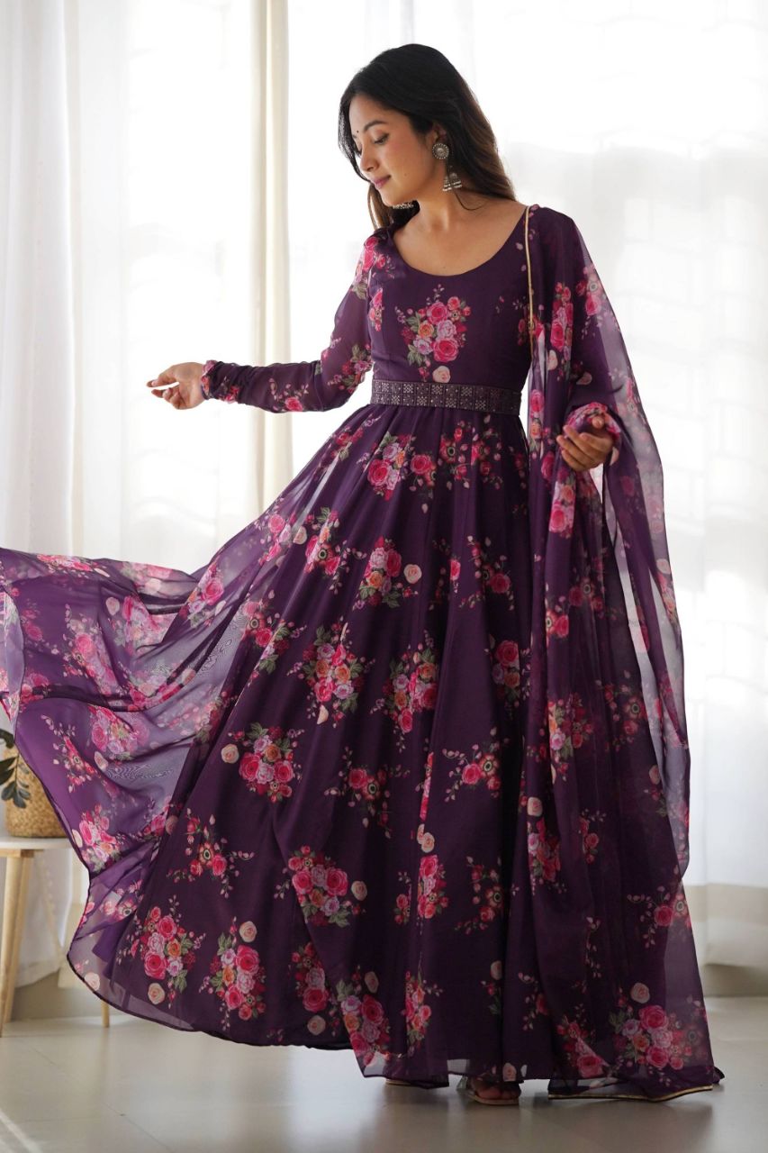 FEEL LIKE ROYALTY IN THIS WINE  COLOR FLORAL GOWN WITH LUCKNOW BELT AND DUPATTA