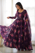 FEEL LIKE ROYALTY IN THIS WINE  COLOR FLORAL GOWN WITH LUCKNOW BELT AND DUPATTA