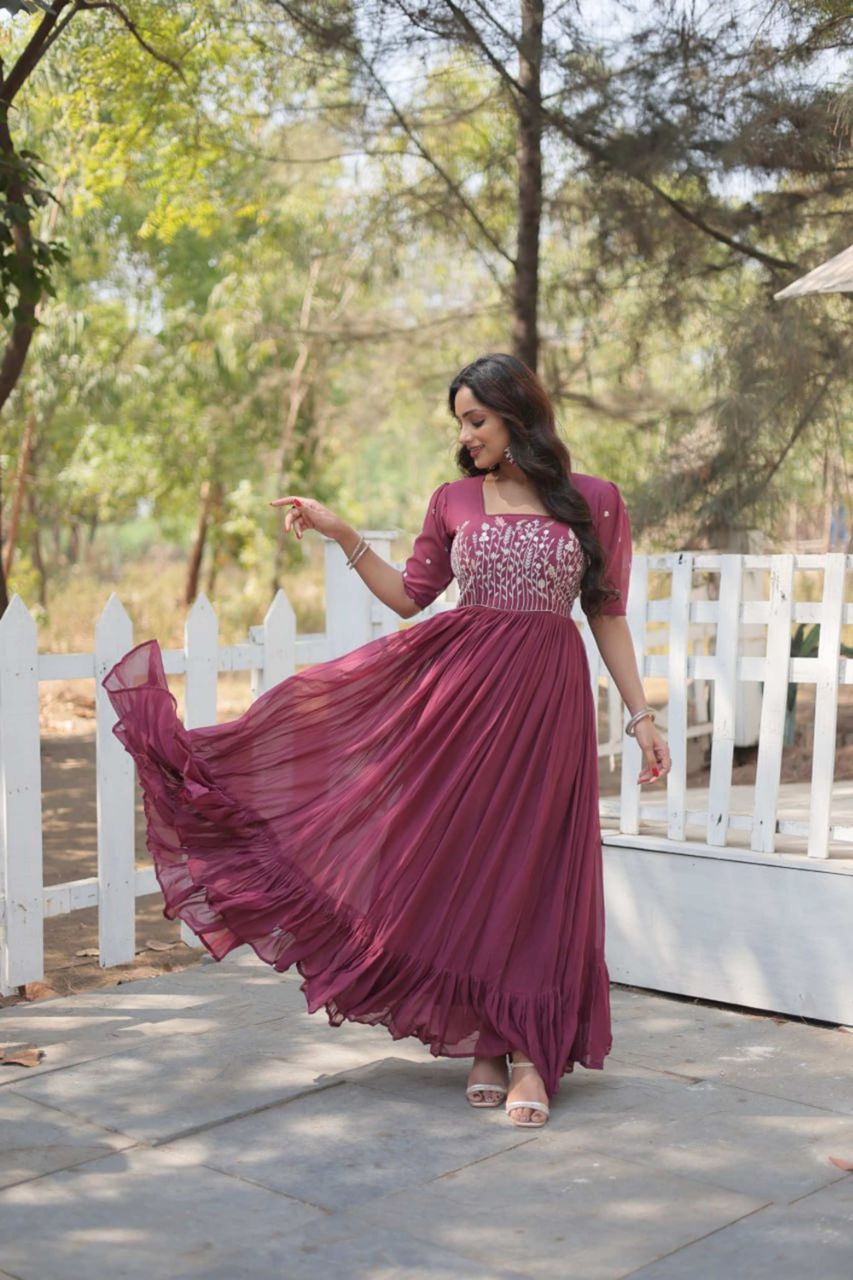 ELEGANT FAUX GEORGETTE GOWN SEQUINS & EMBROIDERED CHARM