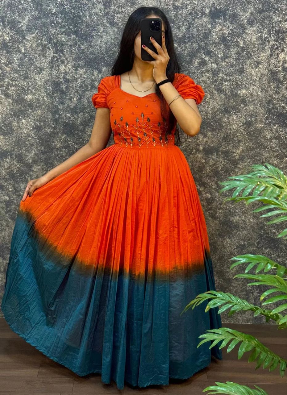 DUAL SHADE DESIGNER LOOK COTTON BASE HANDWORK GOWN