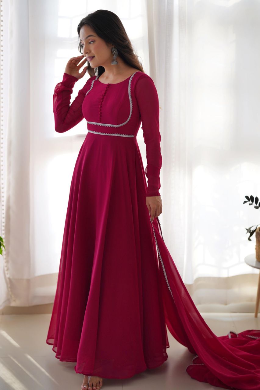UPGRADE YOUR WARDROBE WITH THE EXQUISITE WINE COLOR DESIGNER YOKE NECK GOWN WITH DUPATTA