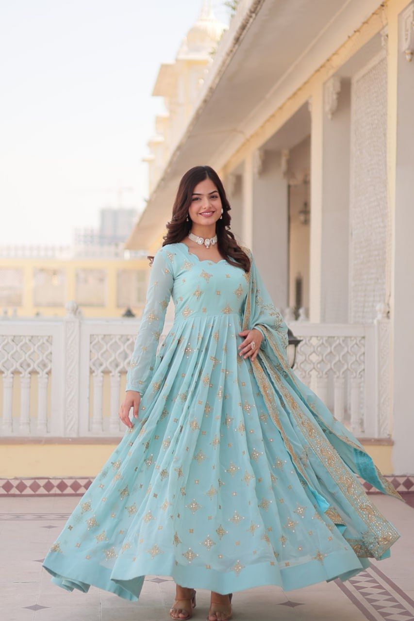 SKY BLUE HEAVY WEDDING WEAR GOWN WITH SEQUINS EMBROIDERY AND DESIGNER DUPATTA